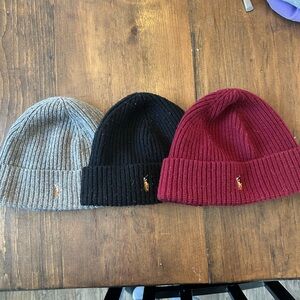 Polo by Ralph Lauren Ribbed Beanie Trio - Gray, Black, Burgundy